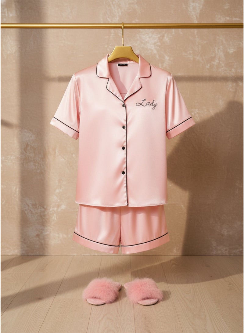 LADY Women's Pink Satin Pajama Set – Button-Up Shirt & Comfortable Shorts Sleepwear - Image 3