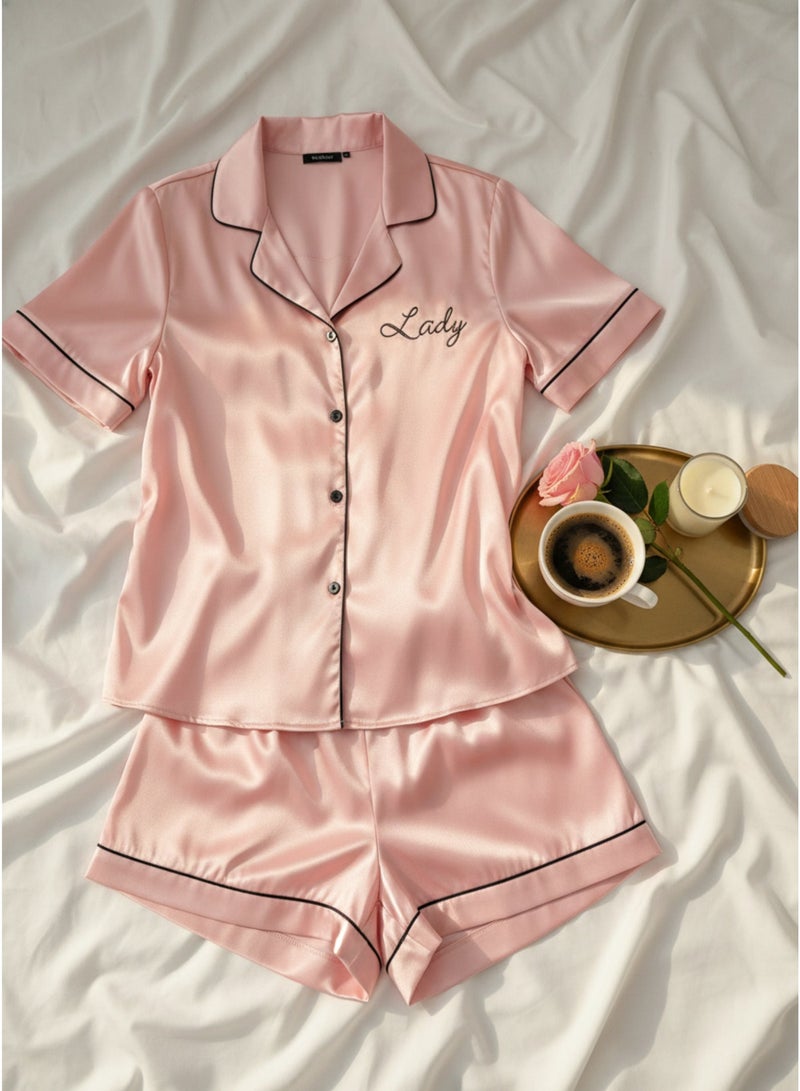 LADY Women's Pink Satin Pajama Set – Button-Up Shirt & Comfortable Shorts Sleepwear - Image 1