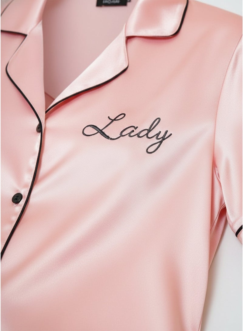 LADY Women's Pink Satin Pajama Set – Button-Up Shirt & Comfortable Shorts Sleepwear - Image 2