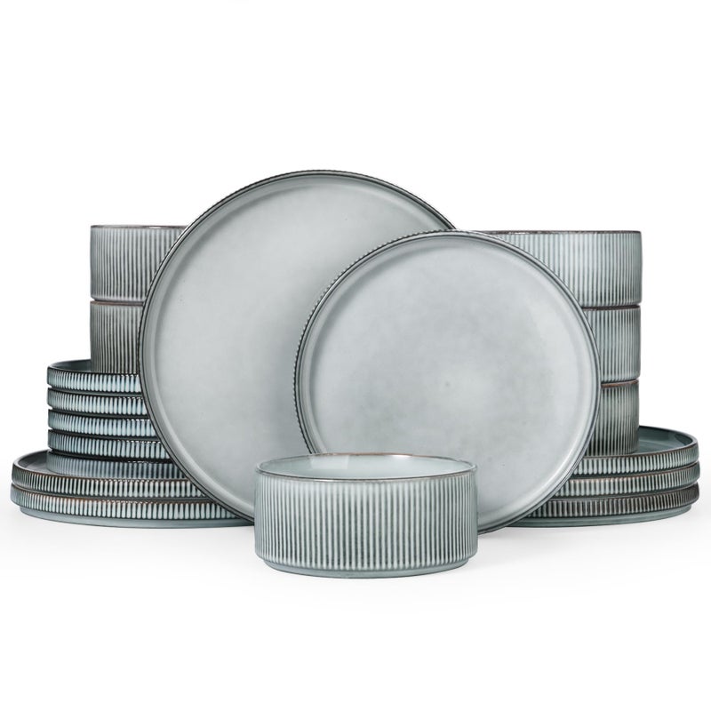 famiware Star Plates and Bowls Sets Modern Stoneware Dinnerware Sets for 6 18Piece Kitchen Dish Set Chip and Scratch Resistant Microwave and Dishwasher Safe Tableware Smoky Blue - Image 1
