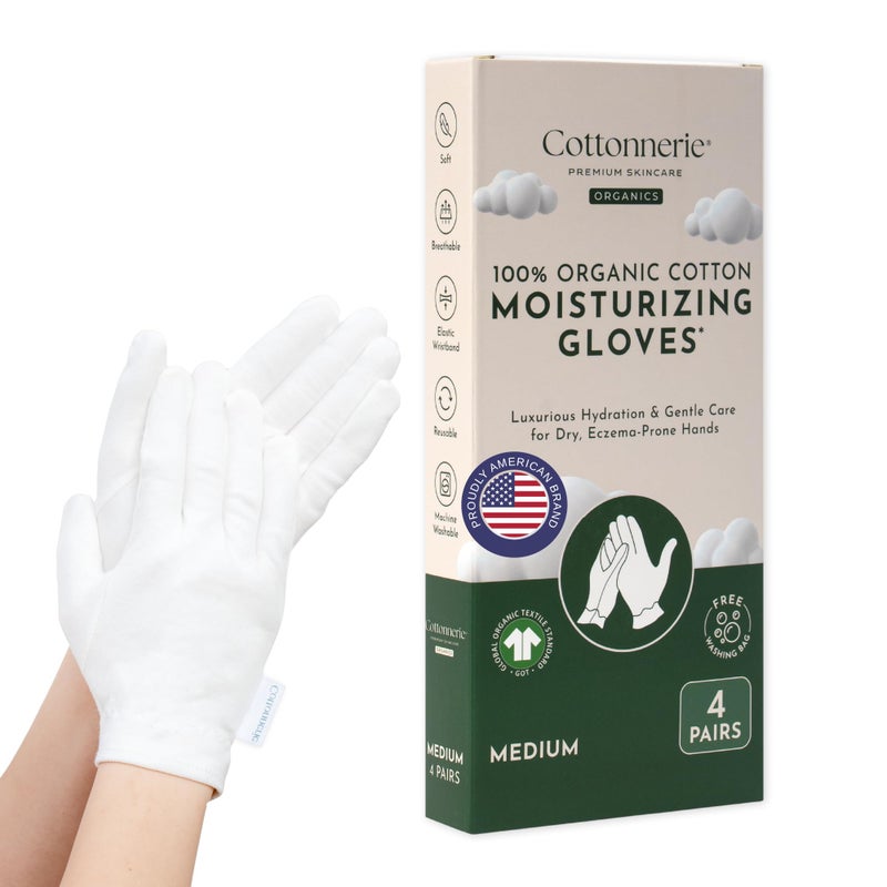 COTTONNERIE 4 Pairs Cottonnerie Organic Cotton Gloves for Dry Hands Sleeping, Moisturizing Gloves Overnight, Hand Moisturizer Gloves, Moisture Gloves for Dry Hands Overnight, Sleeping Gloves, Medium - Image 1