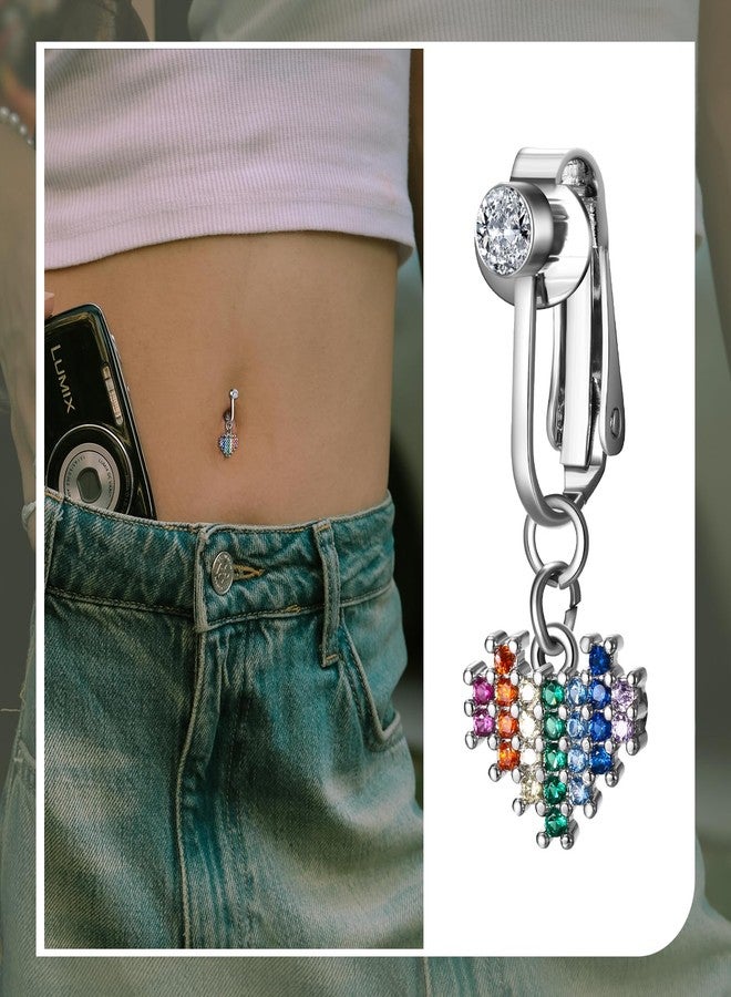 Aroncent Clip On Belly Button Ring: Rainbow Heart Non Piercing Surgical Steel Navel Jewelry for Women - Beach Party Summer - Image 3
