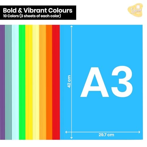 Lakeer A3 Colour Paper Pack - 30 Sheets, 10 Vibrant Colors x 3 Sheets Each | 180 GSM | Ideal for Art, Craft, Printing, etc - Image 2