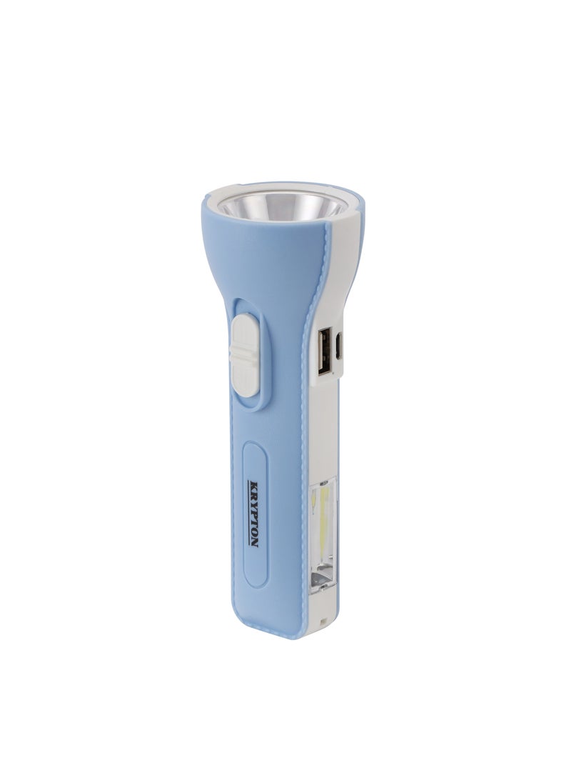 KRYPTON Krypton Rechargeable LED Torch Light  KNFL5008| Sturdy Housing with 3W + 2W COB Sidelight| 8 Hours Working Time, Lithium Battery| Compact and Lightweight Design, Perfect for Indoor and Outdoor Use| Blue and White  - Image 2
