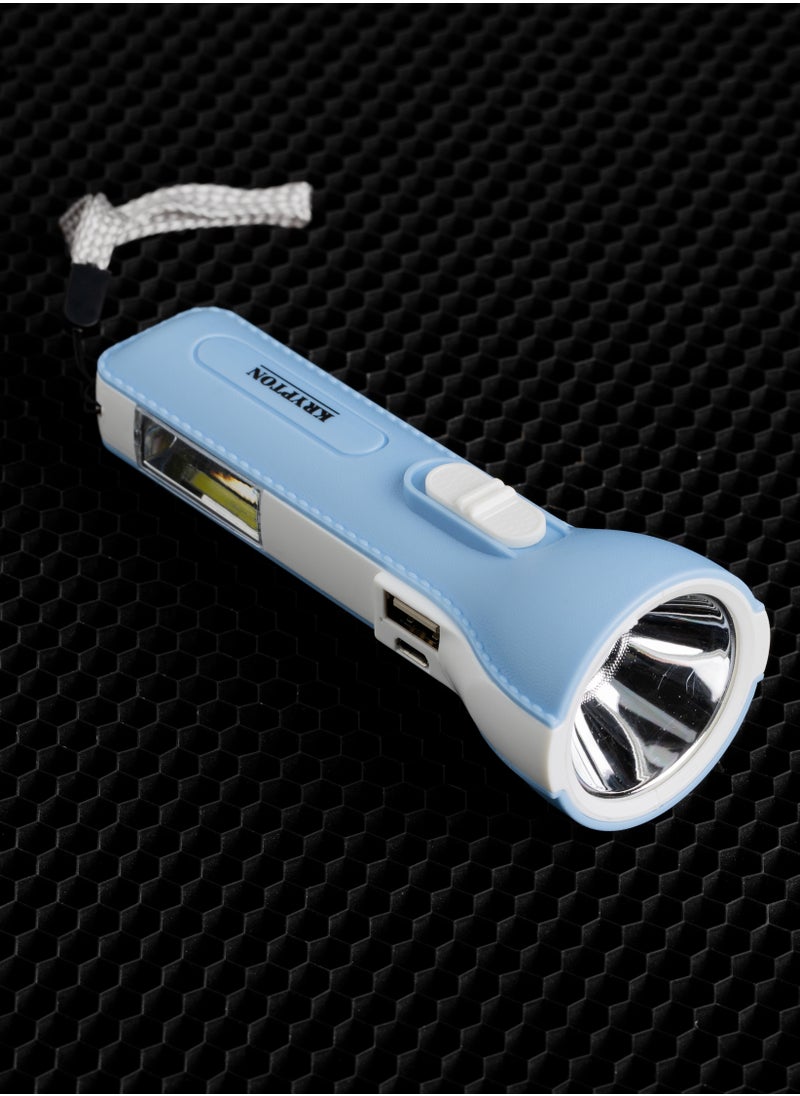 KRYPTON Krypton Rechargeable LED Torch Light  KNFL5008| Sturdy Housing with 3W + 2W COB Sidelight| 8 Hours Working Time, Lithium Battery| Compact and Lightweight Design, Perfect for Indoor and Outdoor Use| Blue and White  - Image 5