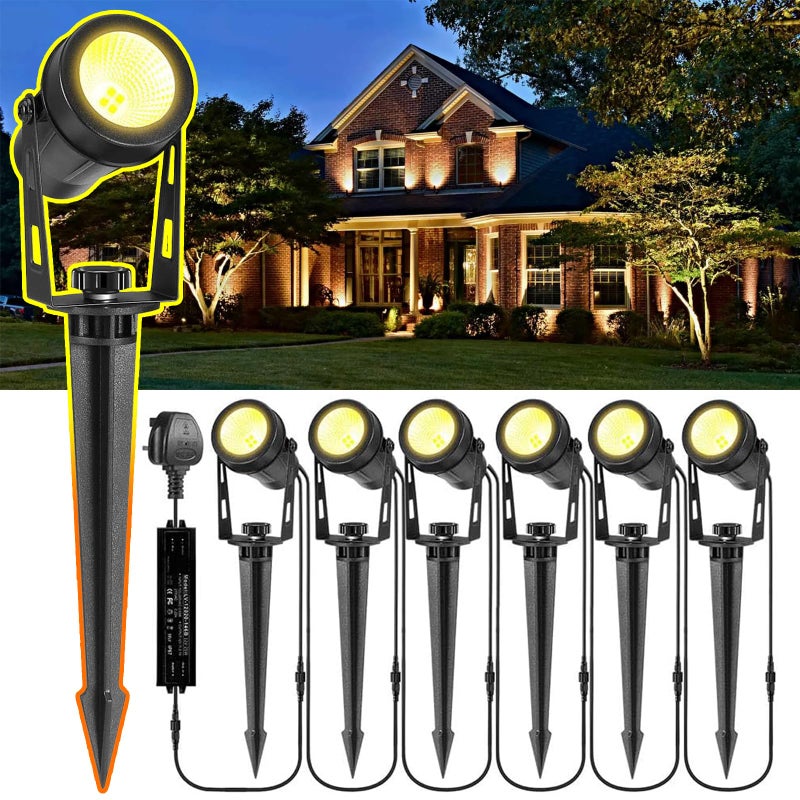 GreenClick Garden Spot Lights Mains Powered,12V Garden Spotlights IP65 Waterproof Outdoor Uplights Extendable to 8 Spike Lights for Pathway Trees Lawn Yard Patio Driveway (6Pack Warm White 21M Cable) - Image 1