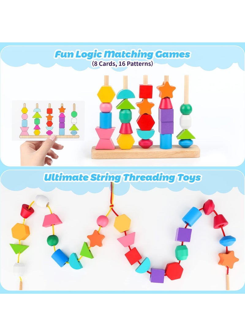 AIYISHI - Wooden Beads Sequencing Toys, Lacing Beads and Matching Shapes Colors Stacking Toys for 2 3 4 5 Years Old Toddler - Image 1