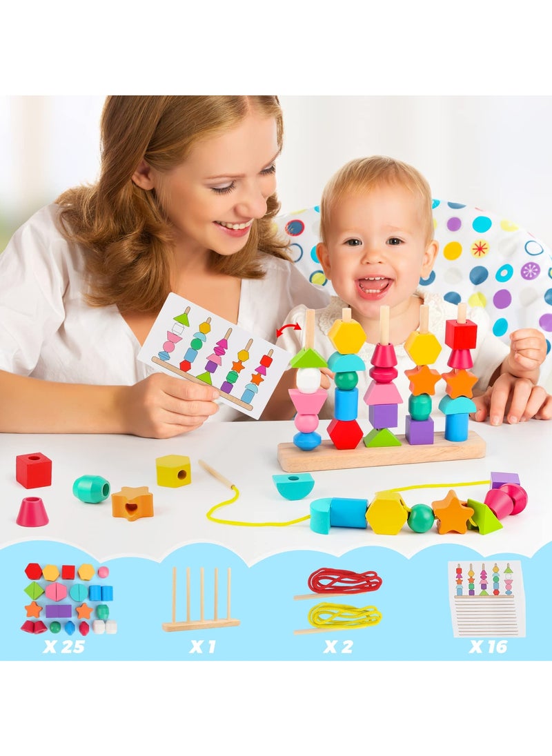 AIYISHI - Wooden Beads Sequencing Toys, Lacing Beads and Matching Shapes Colors Stacking Toys for 2 3 4 5 Years Old Toddler - Image 1