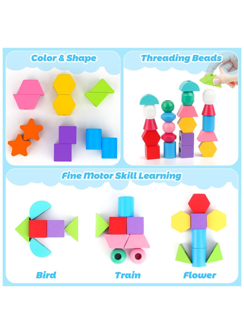 AIYISHI - Wooden Beads Sequencing Toys, Lacing Beads and Matching Shapes Colors Stacking Toys for 2 3 4 5 Years Old Toddler - Image 1