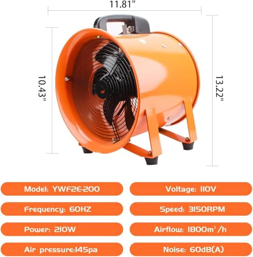 dreamdragon 8-Inch High-Velocity Portable Utility Blower Fan, Industrial Exhaust Fan with 16.4ft Flexible Duct Hose, 3150 RPM Low-Noise Ventilator for Basements, Workshops, Warehouses, and Confined Spaces - Image 3