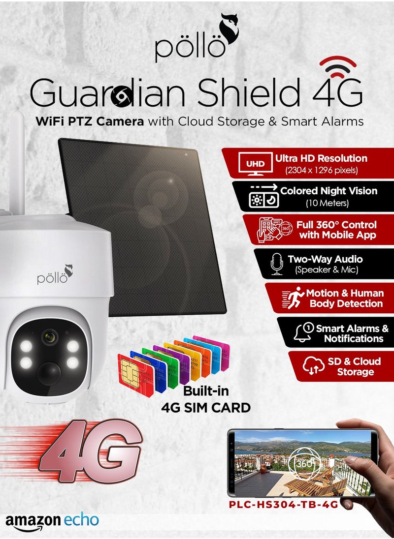 Pollo - 3G/4G LTE Cellular Guardian Shield Pro 3MP Solar-Powered Smart Wi-Fi PTZ 360 Degree Security Camera, Built-in Battery 8600mAh, 2 Way Audio with Color Night Vision - Image 1