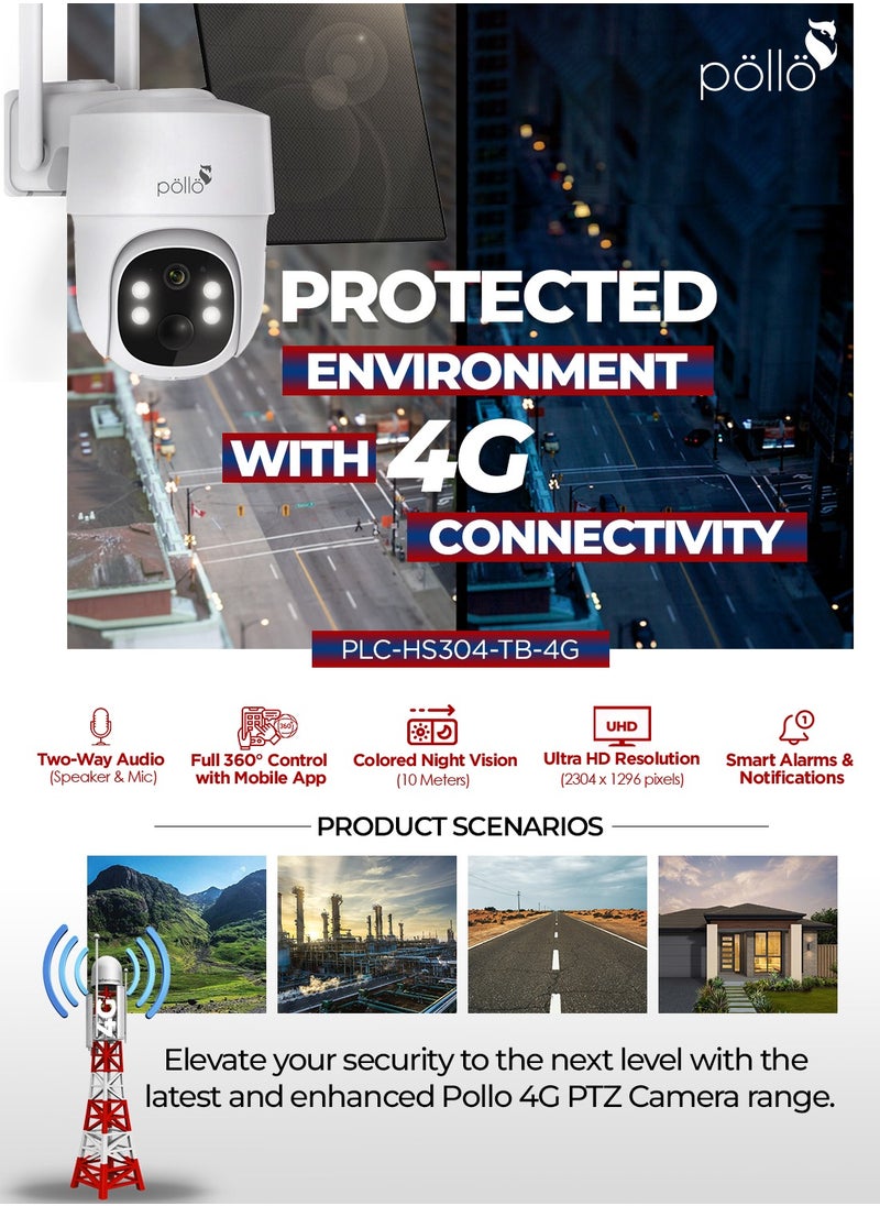 Pollo - 3G/4G LTE Cellular Guardian Shield Pro 3MP Solar-Powered Smart Wi-Fi PTZ 360 Degree Security Camera, Built-in Battery 8600mAh, 2 Way Audio with Color Night Vision - Image 1