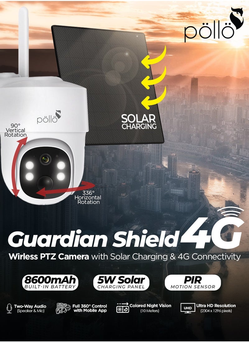 Pollo - 3G/4G LTE Cellular Guardian Shield Pro 3MP Solar-Powered Smart Wi-Fi PTZ 360 Degree Security Camera, Built-in Battery 8600mAh, 2 Way Audio with Color Night Vision - Image 1
