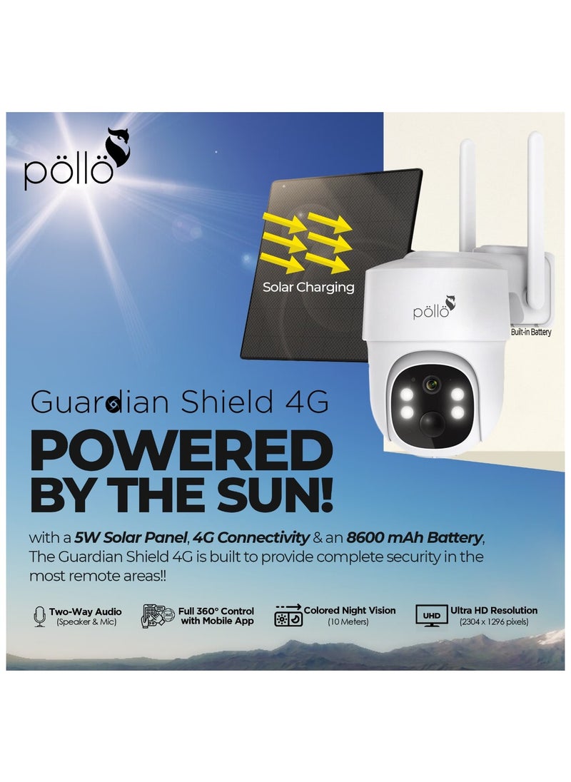 Pollo - 3G/4G LTE Cellular Guardian Shield Pro 3MP Solar-Powered Smart Wi-Fi PTZ 360 Degree Security Camera, Built-in Battery 8600mAh, 2 Way Audio with Color Night Vision - Image 1