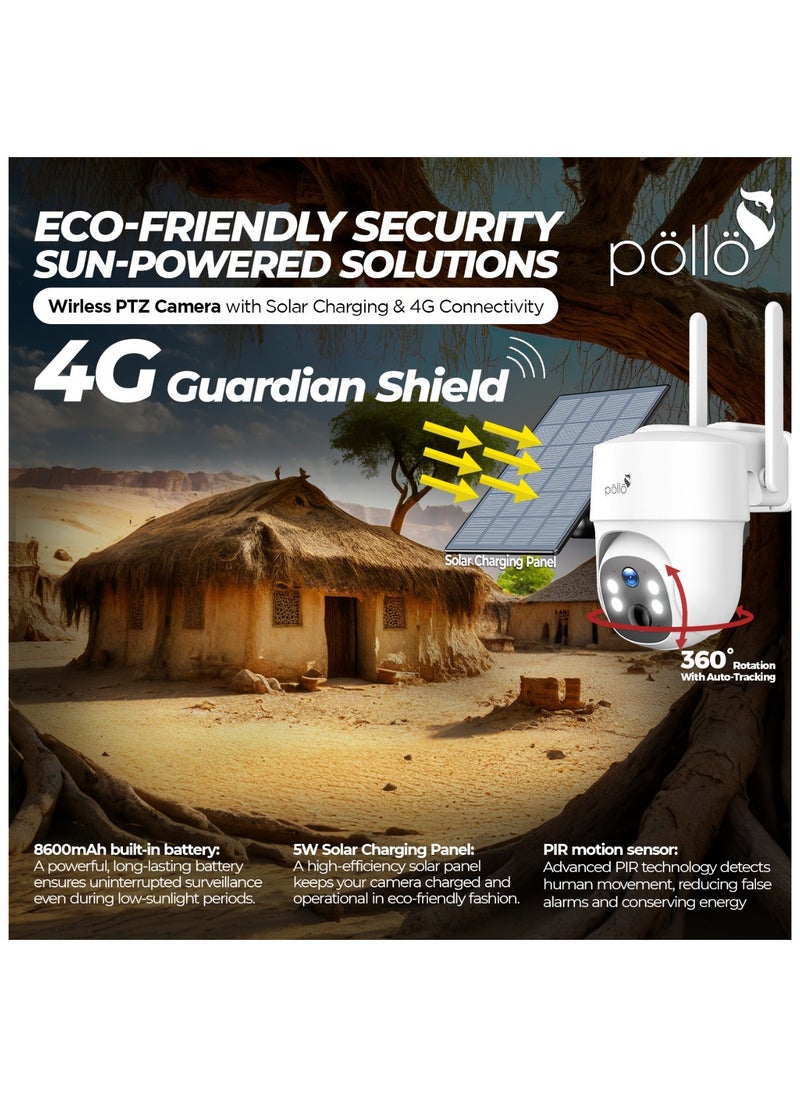 Pollo - 3G/4G LTE Cellular Guardian Shield Pro 3MP Solar-Powered Smart Wi-Fi PTZ 360 Degree Security Camera, Built-in Battery 8600mAh, 2 Way Audio with Color Night Vision - Image 1