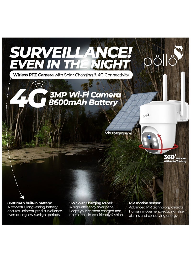 Pollo - 3G/4G LTE Cellular Guardian Shield Pro 3MP Solar-Powered Smart Wi-Fi PTZ 360 Degree Security Camera, Built-in Battery 8600mAh, 2 Way Audio with Color Night Vision - Image 1