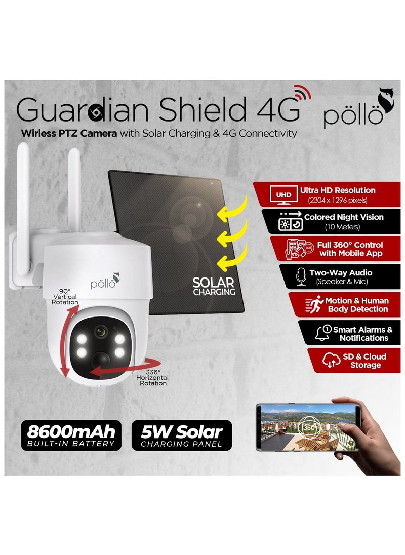 Pollo - 3G/4G LTE Cellular Guardian Shield Pro 3MP Solar-Powered Smart Wi-Fi PTZ 360 Degree Security Camera, Built-in Battery 8600mAh, 2 Way Audio with Color Night Vision - Image 1