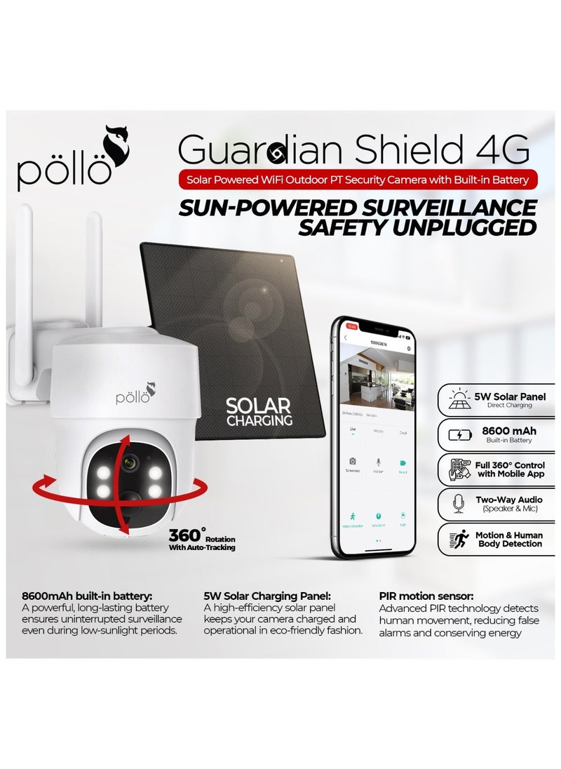 Pollo - 3G/4G LTE Cellular Guardian Shield Pro 3MP Solar-Powered Smart Wi-Fi PTZ 360 Degree Security Camera, Built-in Battery 8600mAh, 2 Way Audio with Color Night Vision - Image 1