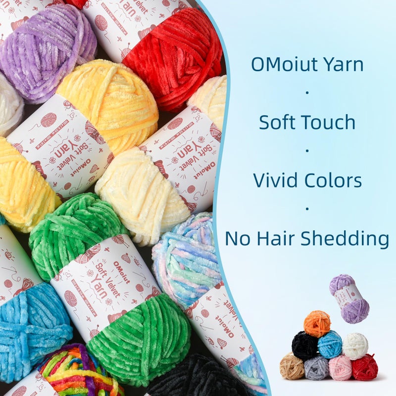 OMoiut 12 Pack Chenille Chunky Yarn - Baby Soft for Crocheting - White, Red, Pink, Yellow, Blue, Rainbow Velvet - Crochet Blanket and Amigurumi Pack With Accessories - Image 3