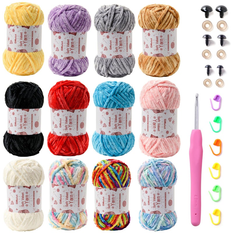 OMoiut 12 Pack Chenille Chunky Yarn - Baby Soft for Crocheting - White, Red, Pink, Yellow, Blue, Rainbow Velvet - Crochet Blanket and Amigurumi Pack With Accessories - Image 1