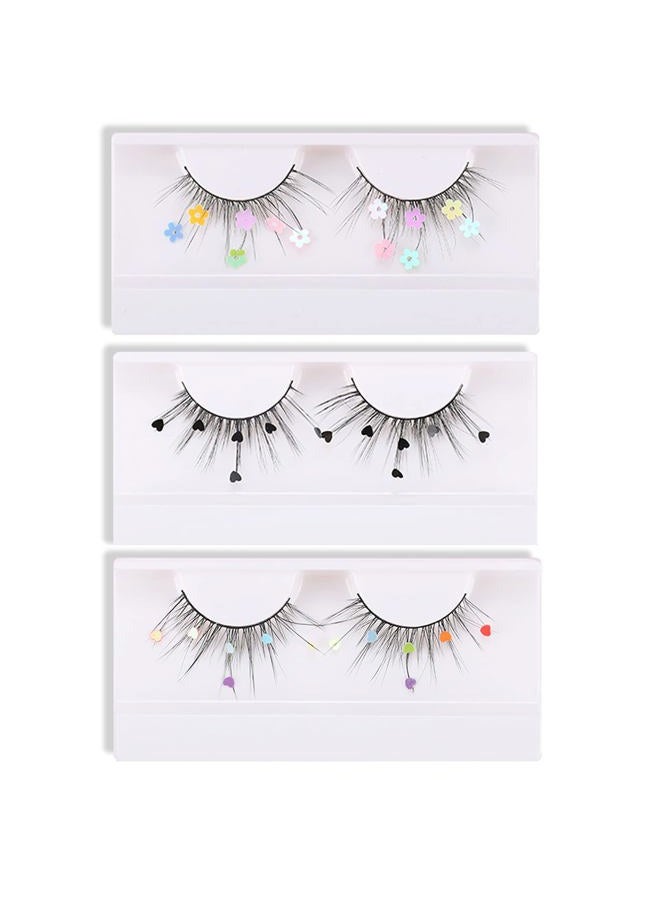 Skynest False Eyelashes, Dramatic Glitter Sequin Lashes with Colorful Heart/Black Heart/Colorful Flower Makeup DIY Lashes Decorative for New Year Christmas Halloweens Cosplay Party(3 Pairs) - Image 1