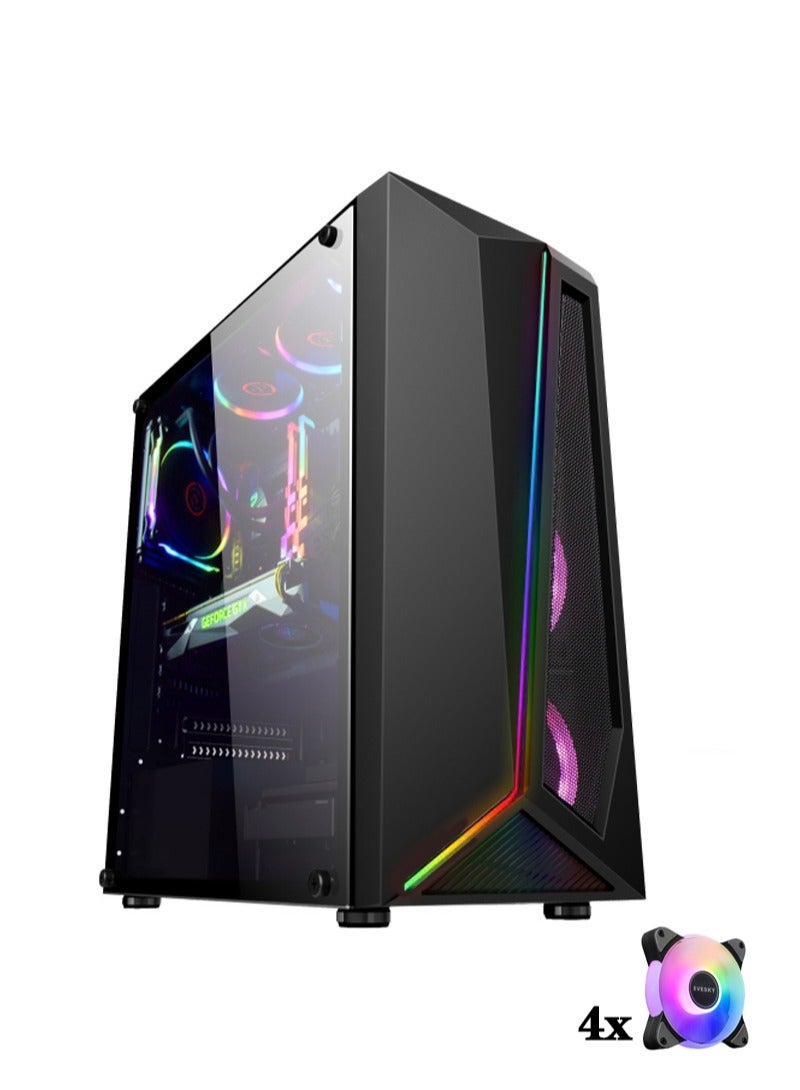 RUIX LED Light Tempered Glass Mid Tower Computer Case Pre-Install 4 ARGB Fans Gaming Case with USB3.0 x1, USB2.0 x2, Black - Image 1