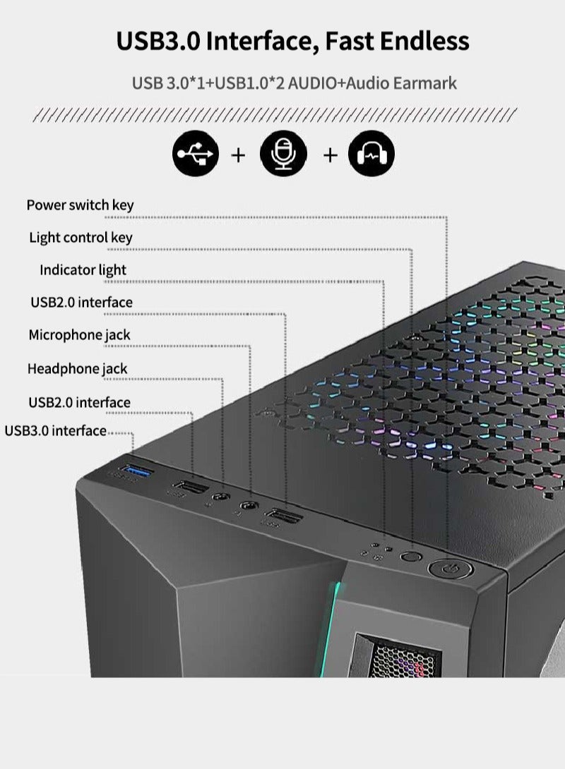 RUIX LED Light Tempered Glass Mid Tower Computer Case Pre-Install 4 ARGB Fans Gaming Case with USB3.0 x1, USB2.0 x2, Black - Image 3