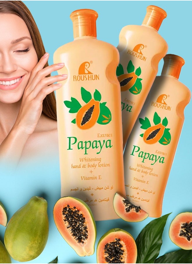 ROUSHUN 3Pcs Papaya Whitening Hand & Body Lotion with papaya Extract Vitamin E Brightening Hydrating Deeply Nourishing Moisturizing Lotions Fast Absorption Smooth Skin Hand Foot Body Lotion 3x300ml  - Image 1