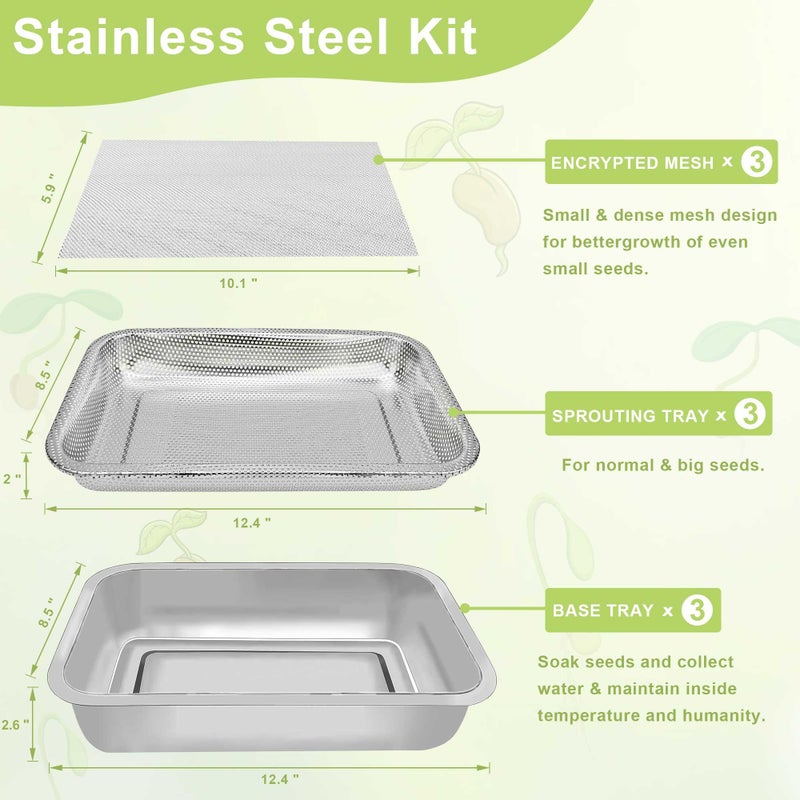 TCYPUHL Stainless Steel Sprouts Growing Kit Trays 3-Tier 12.4 inch, Microgreens Growing Kit, Seed Sprouting Tray with Encrypted Mesh Sprouts for Beans Alfalfa Broccoli Seeds Wheat Grass - Image 3