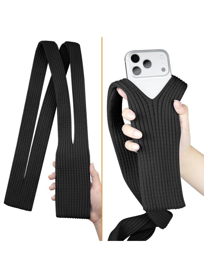 Phone Pocket Lanyard Crossbody Strap 80cm, Universal Stretch Knit Mobile Holder Pouch, Hands-Free Shoulder Phone Bag for iPhone & All Smartphones, Lightweight Minimalist Design Black - Image 4