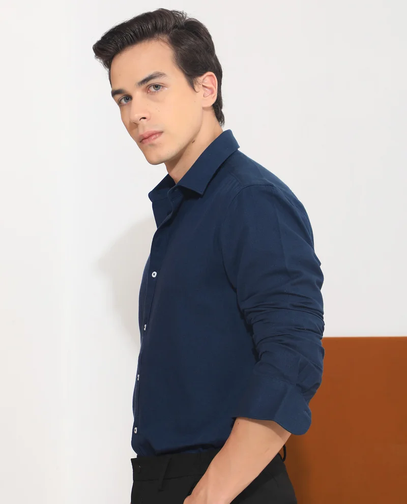 Rare Rabbit Rare Rabbit Mens Otago Navy Cotton Fabric Full Sleeves Regular Fit Solid Twill Shirt