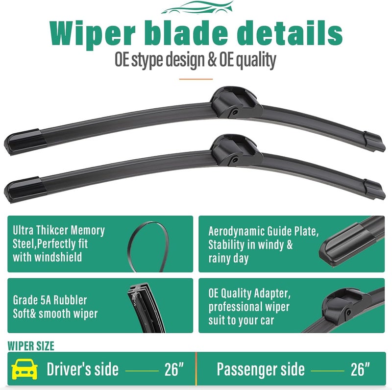 WINDSMILE 26" 26" 13" Windshield Wiper Blades Replacement for Porsche Cayenne VW Volkswagen Touareg 2011 2012 2013 2014 2015 2016 2017 Premium All Weather Front Rear Wipers Set - OEM Quality (Pack of 3) - Image 3