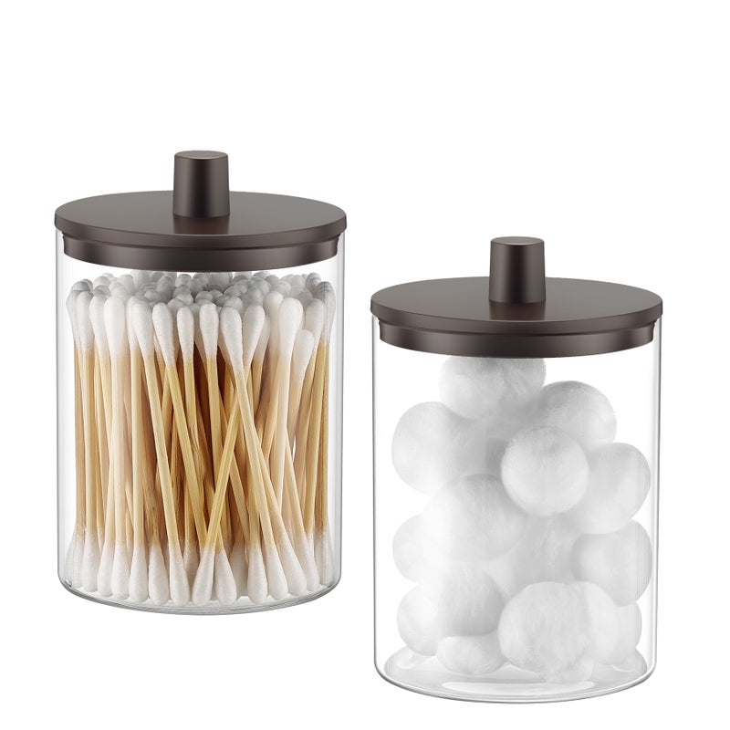 TIPGO Glass Qtip Holder Dispenser for Bathroom - 10 oz Clear Canister Apothecary Jar for Cotton Swabs, Balls, Pads, Floss Picks, Small Containers for Makeup Storage Organizer (2 Pack, Brown) - Image 1