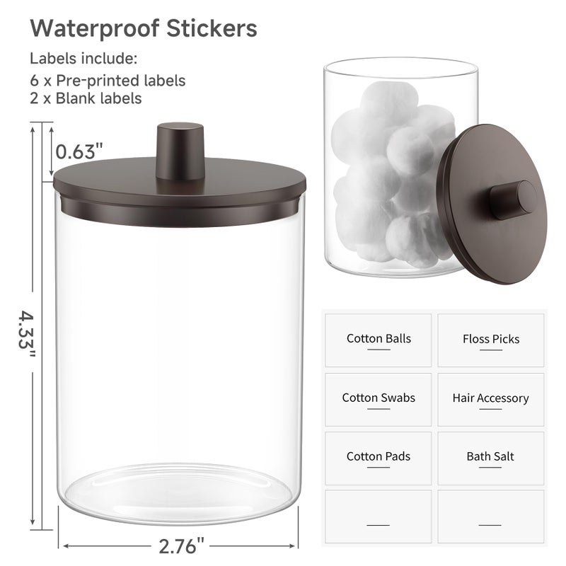 TIPGO Glass Qtip Holder Dispenser for Bathroom - 10 oz Clear Canister Apothecary Jar for Cotton Swabs, Balls, Pads, Floss Picks, Small Containers for Makeup Storage Organizer (2 Pack, Brown) - Image 3