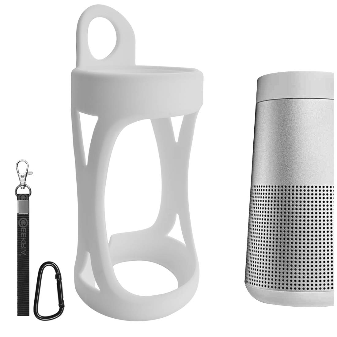Geekria Silicone Speaker Case, Compatible with Bose SoundLink Revolve, Replacement Portable Speakers Travel Carrying Sleeve with Keychain Hook (White)