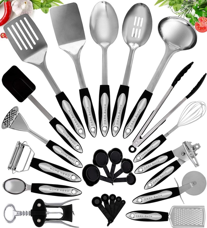 HomeHero Home Hero Stainless Steel Kitchen Utensils Set - Heat-Resistant Silicone & Nonstick Tools - Durable Stainless Steel Kitchen Gadgets - Complete Kit Measuring Cups & Spoons - 41-Piece Set - Image 1