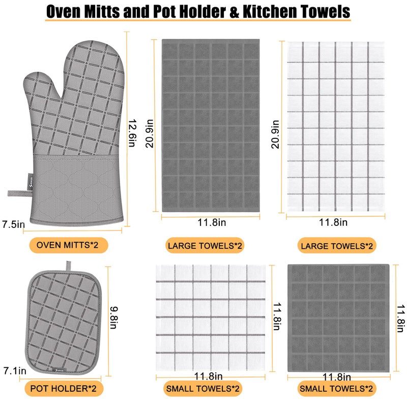 BSKSSK Oven Mitts Kitchen Towels and Dishcloths Pot Holders Sets  Oven Gloves Kitchen Dish Towels 500 Degree Heat Resistant Potholders with Non-Slip Silicone Surface for Cooking  Grilling  Baking-Gray - Image 2