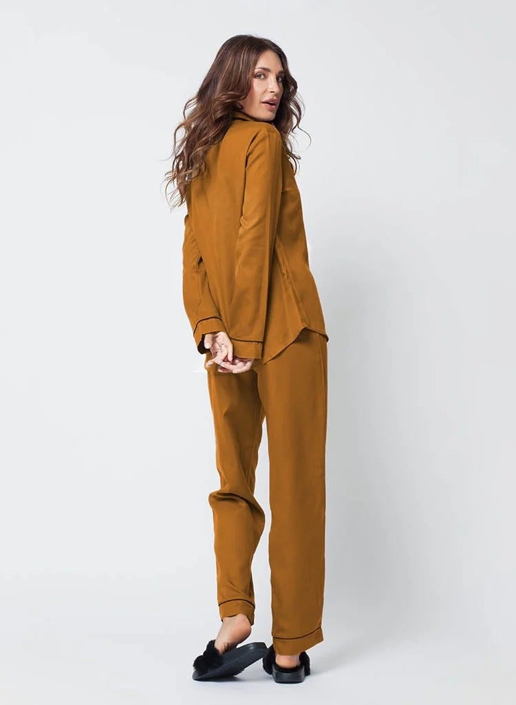 Silk N Love Pack of 3 - Shirt Top + Pant Trouser + Scrunchie Headband - Camel Plain Satin Pajama Set for Ladies Women Clothes Girls Night Wearing Nighty Nightwear Sleepwear Lingerie Dress Pyjama Set - Image 2