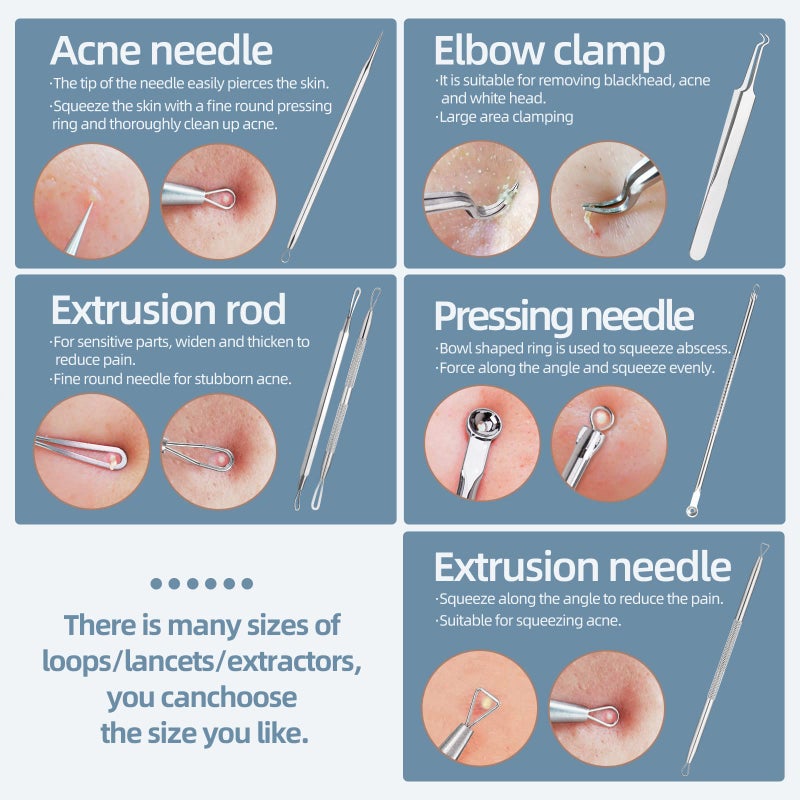 JPNK أداة إزالة الرؤوس السوداء من JPNK، مجموعة إزالة البثور والرؤوس البيضاء، 6 قطع لإزالة البثور من الأنف والوجه مع حقيبة جلدية - Image 3