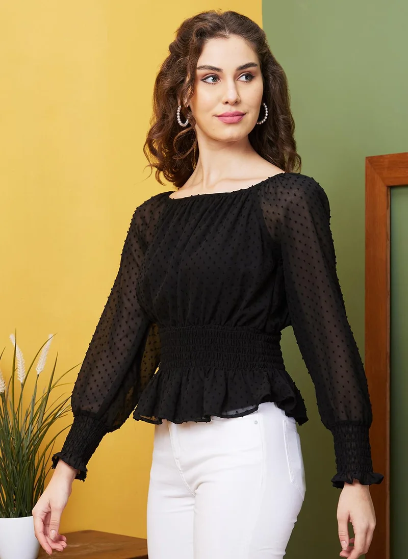 globus Globus Women Black Cinched Waist Casual Square Neck Top