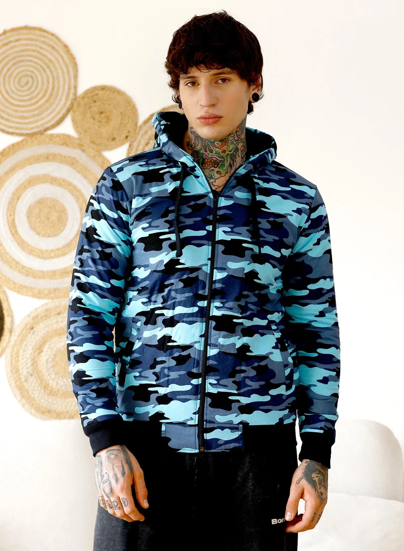 Campus Sutra Men's Camouflage Fleece-Lined Jacket | Hooded Neck , Long Ribbed Cuff Sleeves , Zipper Closure , Ribbed-Straight Hem | Abstract Print Woven Plain For Casual & Daily | Navy Blue