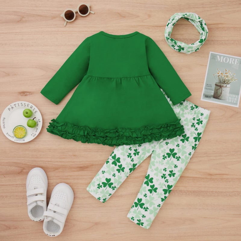 Ptomurs Toddler Girls St.Patrick's Day Outfits Flare Tunic Ruffle Dress Shirt Shamrock Print Pants with Scarf Sets (Green, 12-18 Months) - Image 3