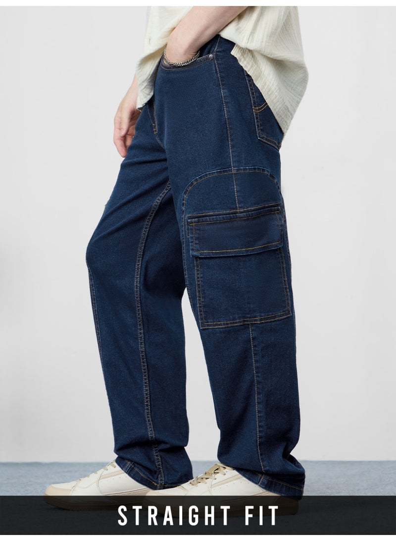 The Souled Store Men Pacific Dark Blue Straight Fit Denim Cargo Jeans - Image 1