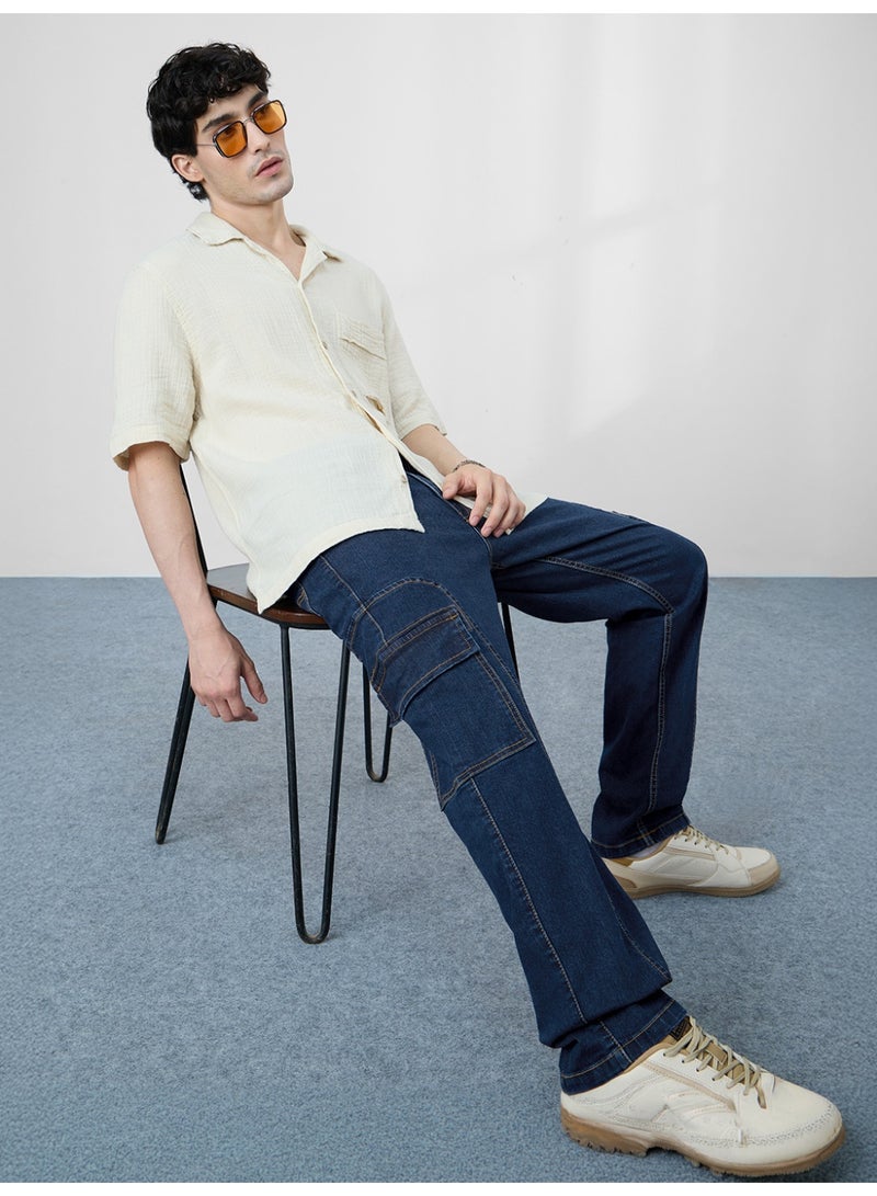 The Souled Store Men Pacific Dark Blue Straight Fit Denim Cargo Jeans - Image 3