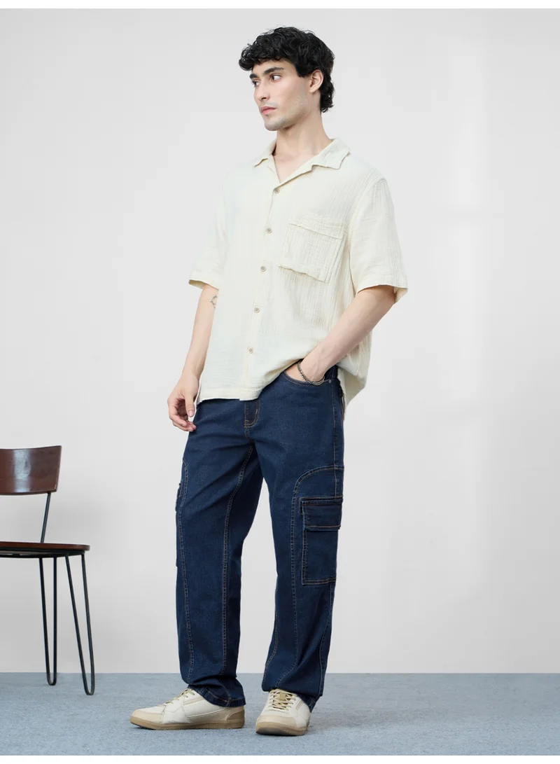The Souled Store Dark Blue The Souled Store Men Pacific Dark Blue Straight Fit Denim Cargo Jeans for Men | Best Price UAE