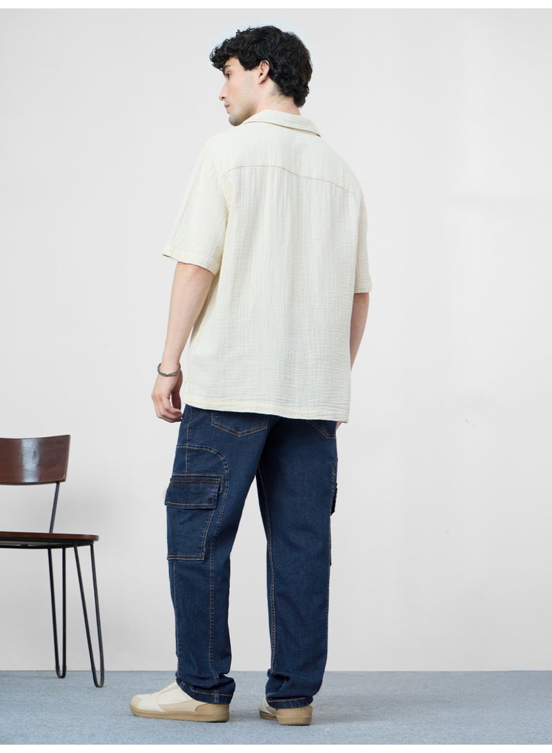 The Souled Store Men Pacific Dark Blue Straight Fit Denim Cargo Jeans - Image 5