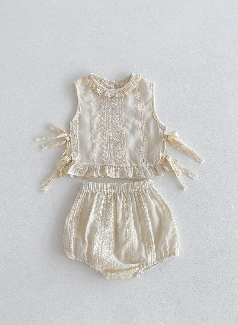 Baby Sleeveless Cotton Lace Vest, Super Cute Bread Set - Image 1