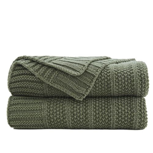 Douceur Olive Green Throw Blanket for Bed, Soft Cozy Lightweight Stripe Pattern Knitted Throw Blanket for Sofa, Kids Room, Living Room, 60"X80" - Image 1