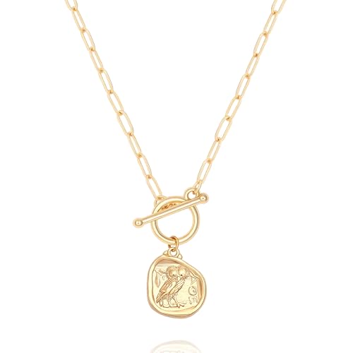 POTESSA 18k Gold Owl Coin Pendant Necklace for Women Paperclip Link Chain Toggle Jewelry Graduation Gifts for Her - Image 1