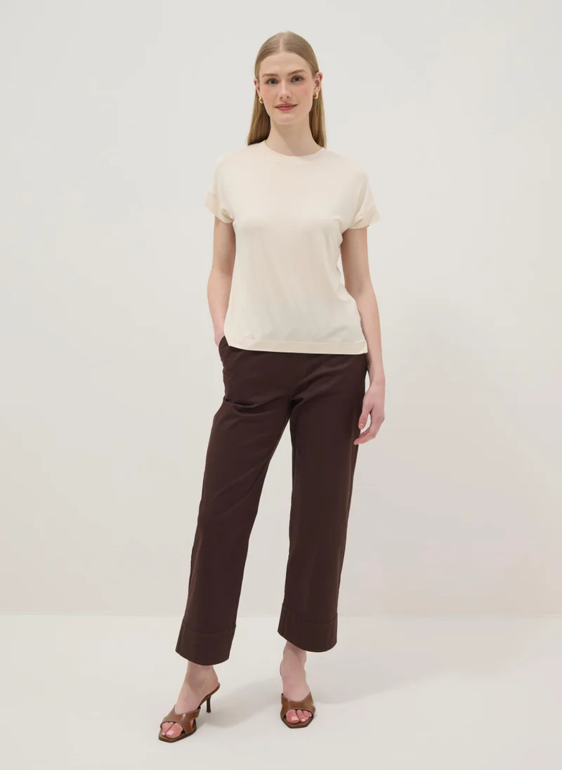 او في اس OVS Beige Short-Sleeve Stretch Viscose T-Shirt